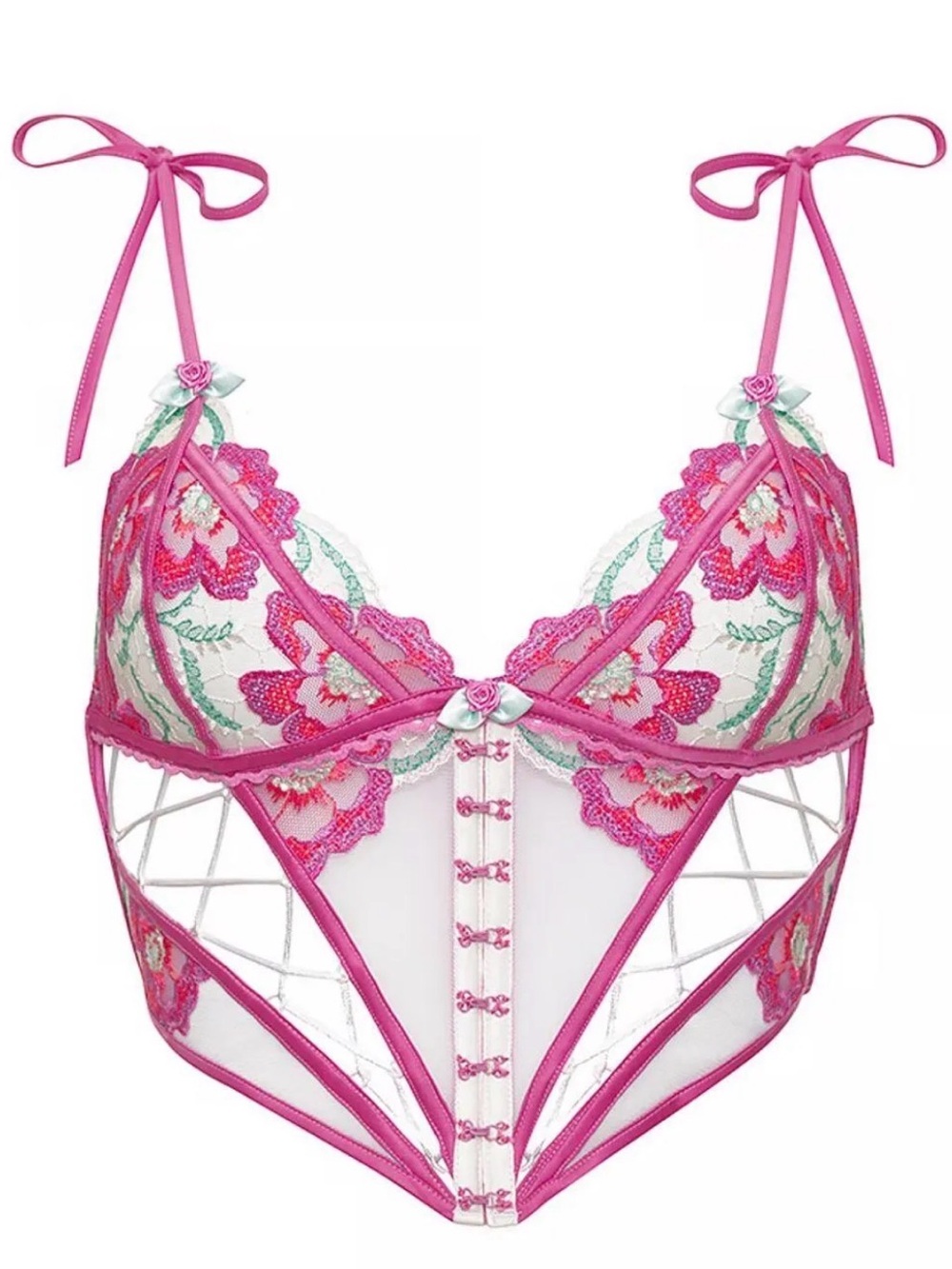 For Love And Lemons Hot Pink Floral Embroidered Sheer Bustier